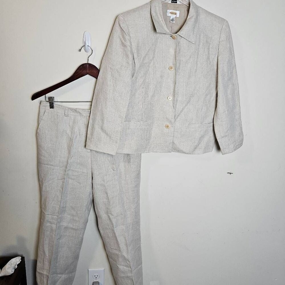 Talbots Irish Linen Cream Natural Tan Pants Suit Size 10/12 - Picture 1 of 8